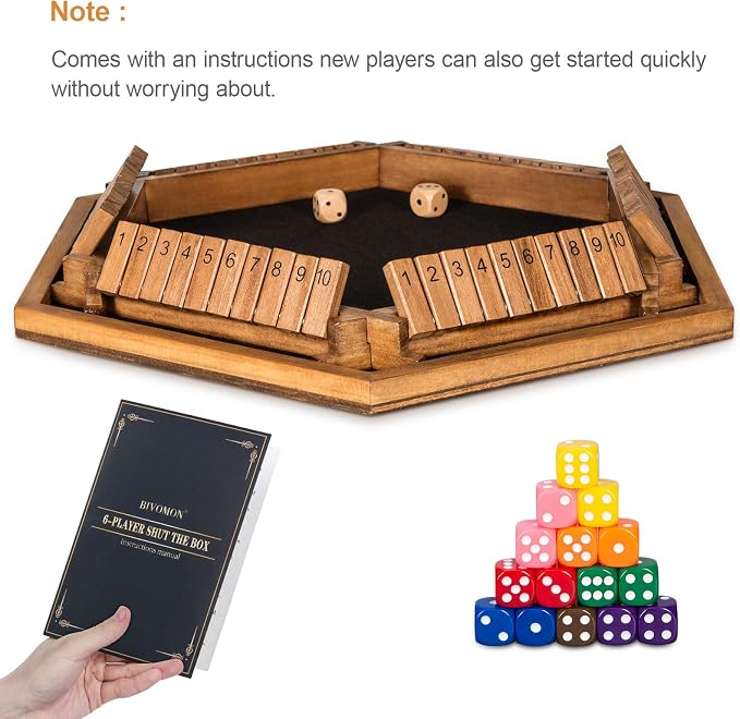 BIVOMON 1-6 Players Shut The Box Dice Game, Wooden Board Table Math Game for Kids Adult with 24 Dice, Close The Box Game for Family, Party, Christmas, Birthday