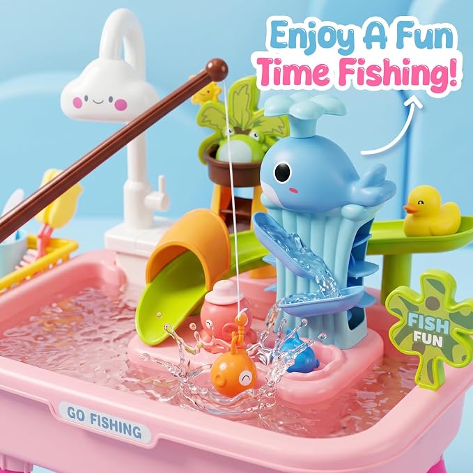 Upgraded Toddler Sand Water Table Toy with Electric Water Pump, 4-in-1 Kids Outdoor Play Center with Faucet Play Food Fishing Game, Kitchen Play Sink Toys for Boys Girls Age 3+ (Pink)
