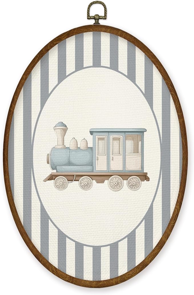 WULQYING Train Boy Nursery Wall Art Decor, Kids Oval Framed Canvas Art Prints, Blue Striped Train Vehicle Wall Hanging Decor for Kids Boy Nursery Room Bedroom Playroom, 8.5x11.4 Inches
