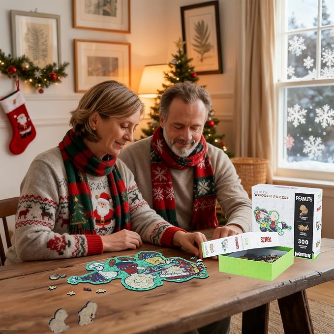 Peanuts Christmas Puzzles for Adults – Snoopy, 300 Pieces Unique Shaped Charlie Brown Wooden Jigsaw Puzzles, 5MM Thick, Officially Licensed Merchandise – Merry Unwrapping, 16.5" x 10.5"