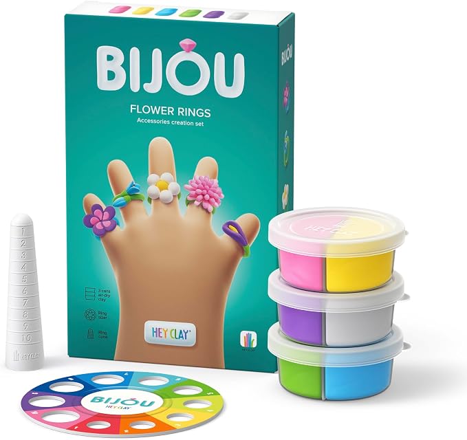 HEY CLAY Bijou - Clay Kit for Accessories Creation - Air Dry Clay with Tools and Fun Interactive App for Kids 3+ (Flower Rings)