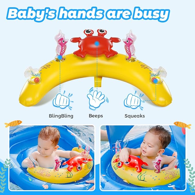 LAYCOL Baby Pool Float with Canopy UPF50+, 120°Adjustable Sun Protection and Anti-Tip Safety Seat, Inflatable Toddler Floaties Infant Pool Float with Animal Pool Toys, Baby Beach Essentials for 6-36M