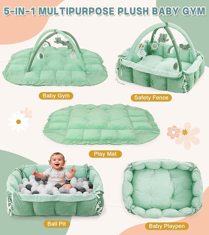 5-in-1 Baby Play Gym and Tummy Time Mat, 12 Learning Cards, Plush Activity Mat with 6 Toys, Baby Gym, Convertible to Ball Pit, Baby Gift, Sage Green