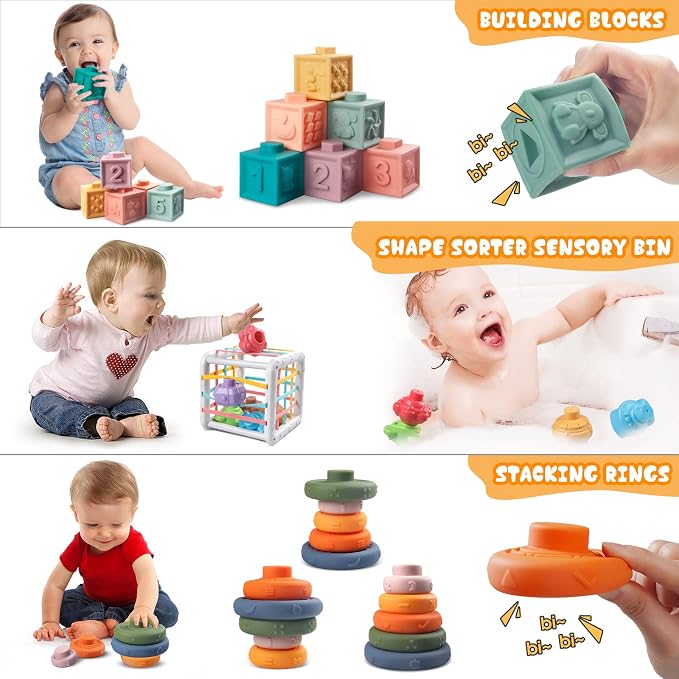 Plunack 4-in-1 Baby Toys for 6-12 Months - Montessori Soft Stacking Blocks for Babies 9 Months+, Infants Teething Toys, Sensory Balls and Educational Learning Set for Toddlers (Boys & Girls)