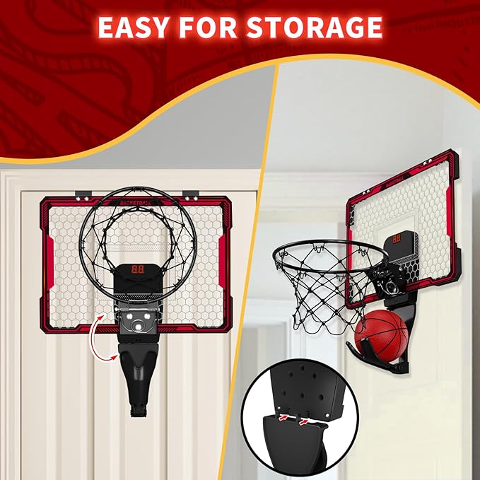 HYES Mini Basketball Hoop Indoor, Over The Door Basket Ball Hoop with 7 LED Lighting/Scoreboard/3 Modes/Foldable Rim, Wall Basketball Toy, Sport Decor Gifts for Kids Adult for Bedroom/Office (Red)