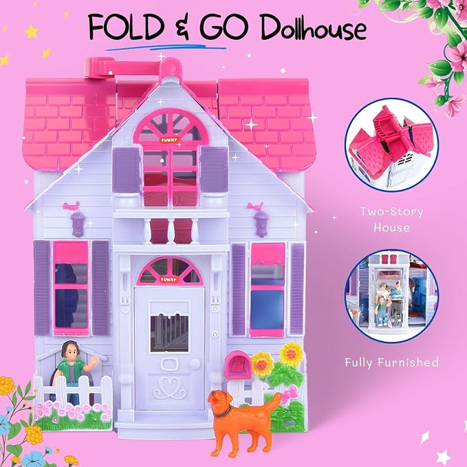 Liberty Imports My Pretty Dollhouse Fold and Go Pretend Play Mini Folding Doll House Playset with Pocket Toy Family Figures, Home Furniture and Accessories