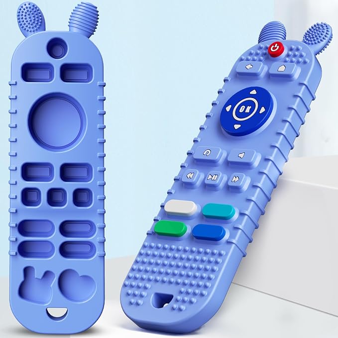 Kaodezhu TV Remote Control Shape Baby Teething Toys and Phone Shape Teether Toys for Babies 6-12 Months, Soft Flexible Silicone Chew Toys for Baby - Black Blue