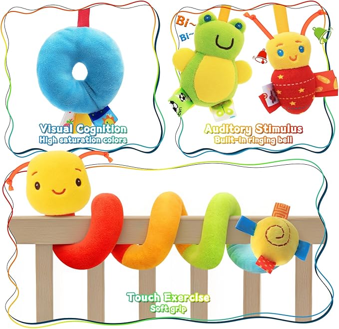 Spiral Car Seat Toys - Baby Sensory Soft Plush Hanging Toys for 0-12 Months Stroller Crib Accessories, Essentials for Expecting Moms & Baby Shower Registry Gift