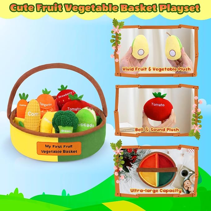 My First Fruit Vegetable Basket Plush, Baby Felt Play Food Set with 8 Pcs Fruit Vegetable Plushies for Toddlers, Montessori Sensory Toy First Learning Baby Birthday Easter Gifts for Boys Girls