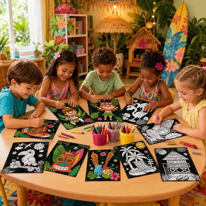 Cinrobiye 48 Pcs Hawaiian Velvet Coloring Posters Tropical Luau Fuzzy Felt Coloring Pages Bulk Craft Kit Flamingo Pineapple Tiki Ocean Party Supplies Aloha Beach Classroom Living Art Activity Set