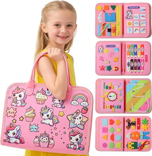 Unicorn Busy Book for Toddlers Ages 1-3, Educational Montessori Toys | 8-in-1 Montessori Toys, Educational Activity Board, Sensory Travel Toys, Ages 2-4 & Baby 6-12 Months