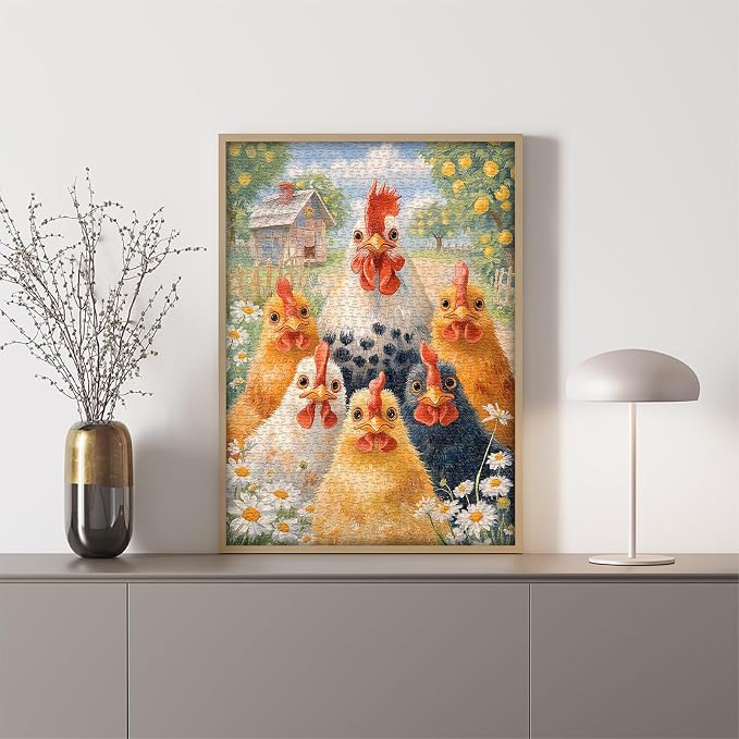 Funny Farm Chicken for Adults 1000 Pieces, Country Rooster Jigsaw Puzzle | Farm Animal Flower Jigsaw Puzzle,Cute Abstract Chicken Puzzle 1000 pieces,Home Decor,Challenge for Adults Painting
