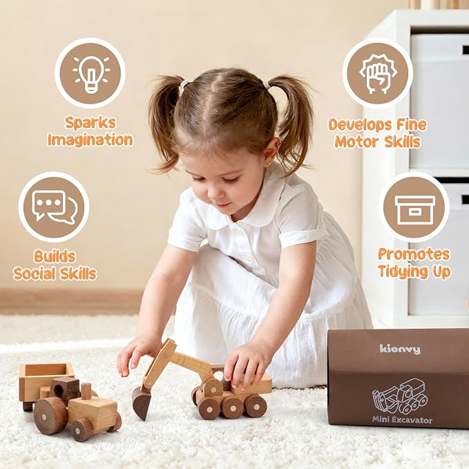 Wooden Toy Cars for 3 Year Old Boys & Girls - Construction Vehicles Set Push Toys for Toddlers, Wood Montessori Car with Rolling Wheels, Natural Wood Toys (Excavator & Tractor)