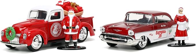 Jada Toys Holiday Rides 1:32 1941 Ford Pickup & 1957 Chevy Bel-Air Die-cast Car with 1.65” Santa Claus & Mrs. Santa Claus Figure, Toys for Kids and Adults