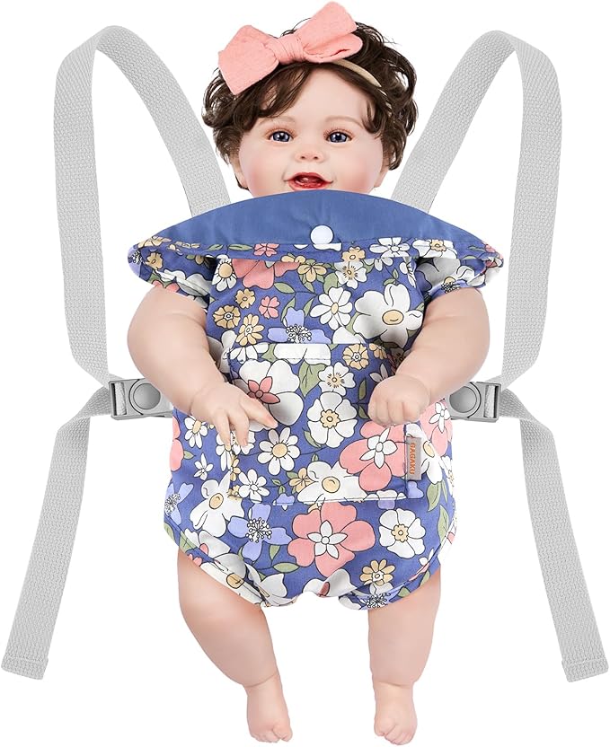 GAGAKU Doll Carrier, Reborn Baby Doll Accessories, Dolls Carrier Pretend & Role Play Toy for Toddlers Kids Ages 3+ Years Old - Blue Flowers