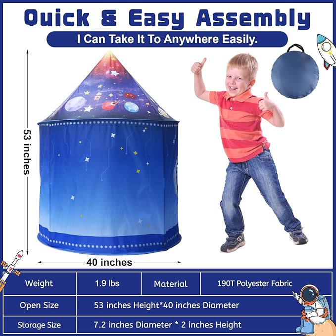 Kaivee Rocket Ship Space Pop Up Play Tent for Kids-Astronaut Pretend Playhouse Gift for 3-5 Year Old Girls Boys