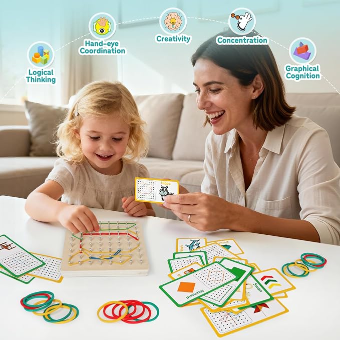 Wooden Geoboard for Kids - Montessori STEM Educational Toy with Pattern Cards & Rubber Bands,Early Fine Motor Skill Learning Shape Puzzle & Brain Teaser Geo Board for Boys Girls Ages 3+