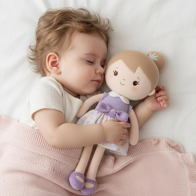 GAGAKU Soft Plush Baby Doll for Girls, Purple Skirt, 12" | My First Baby Doll Gift, Machine Washable, Rag Doll Toy, For Toddlers & Infants