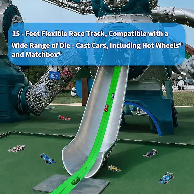 Flex Track 15 Ft Starter Set – Flexible Race Car Ramp Track for Kids, Double-Sided Racetrack for 1:64 Diecast Cars and Similar Toy Cars, Ages 3 & Up with Suction Cups (Green)
