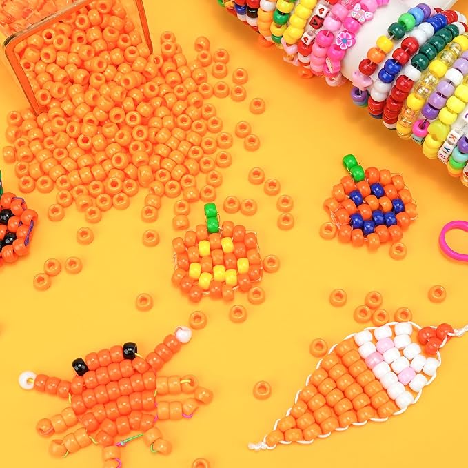 Dowsabel Orange Pony Beads Bulk 1000 Pcs 6x9mm, Large Hole Kandi Hair Beads for Braids Bracelets, DIY Friendship Bracelets Necklaces Jewelry Making Crafts and Gifts