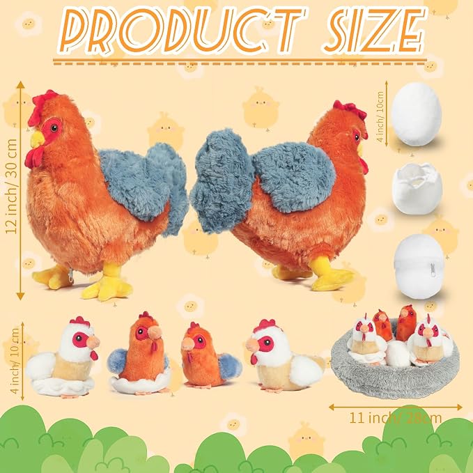 9 in 1 Chicken Stuffed Animal Set, Stuffed Chicken Plush Toy for Kids Zippered Egg Laying Hen with Coop Baby Chicks and Eggs, Chickens Toys for Kids Girls Boys Christmas Birthday Gift