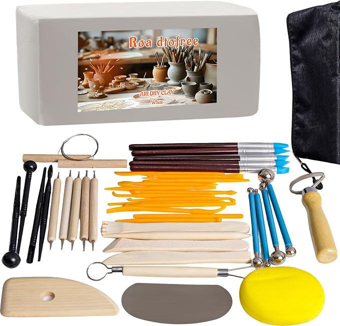 Air Dry Clay Kit 10 LBs + 42 Pcs Pottery Tools - Non-Toxic Organic Clay for Sculpting, Hand Modeling & Throwing, for Art Classes Ceramics Workshops (White)