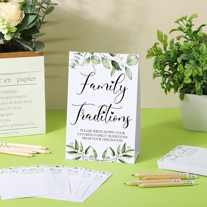 Fumete 61 Pieces Family Tradition Baby Shower Games Include 1 Family Traditions Standing Sign and 50 Activities Cards with 10 Pencils for Gender Reveal Bridal Shower Wedding(Green,Greenery)