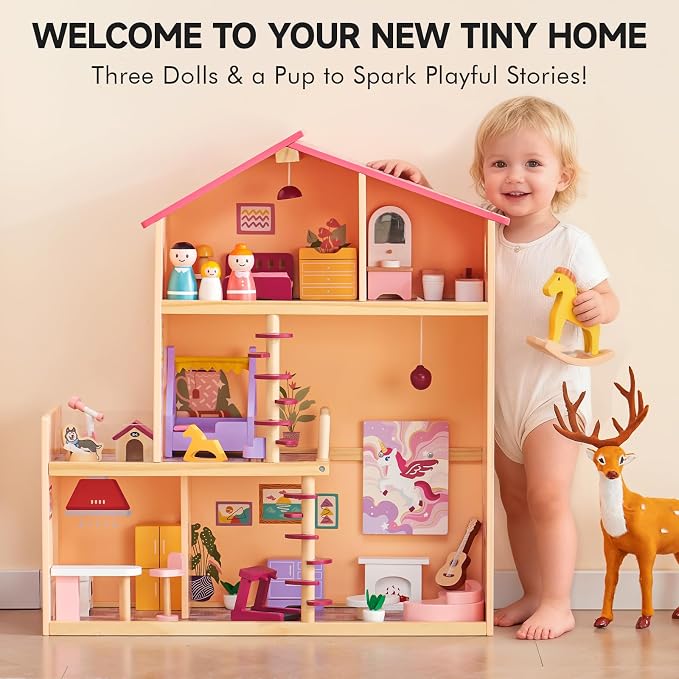 Wooden Doll House with 53Pcs Furniture Doll House, 6 Rooms Toddler Dollhouse Includes Spiral Wooden Staircase and Balcony, Modern Family Dollhouse with Realistic Design Gift for Ages 3+ Pink