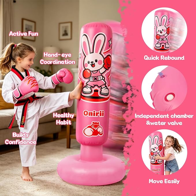 Onirii Kids Inflatable Punching Bag | Large Stable Kids Inflatable Boxing Bag Toy Set with Gloves for Boys & Girls Age 3-12 for Taekwondo,MMA and Practicing Karate