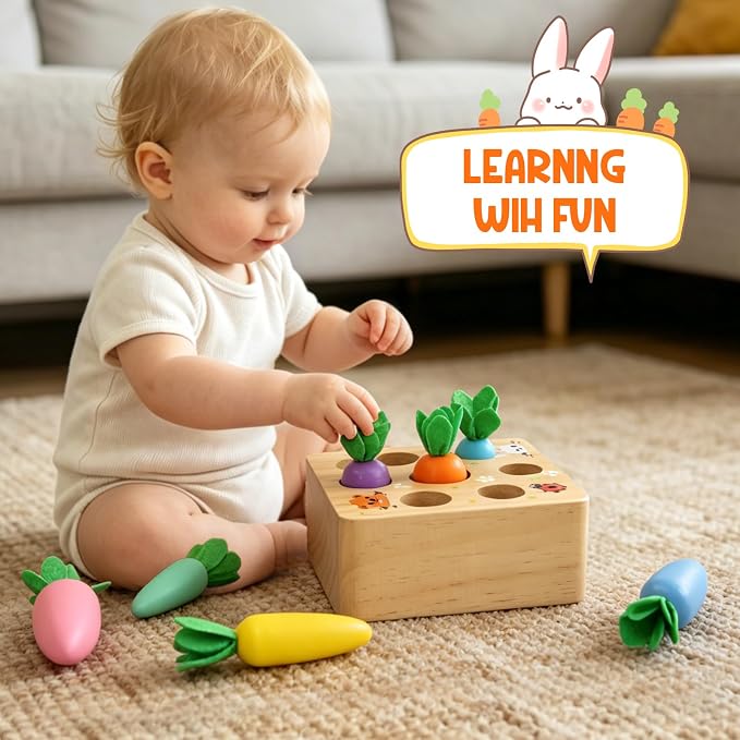 Wdmiya Montessoritoys for 1 Year Old, Wooden Toys Developmental Shape Sorting & Matching Puzzle Macaron Carrots Harvest Game, Birthday Gifts for Toddlers Babies Boys and Girls 6-12 Months Christmas