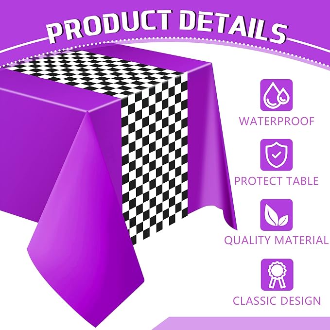 Irenare Car Birthday Party Supplies Racing Decorations 50s Party Tablecloth Racetrack Table Runner Table Covers for Kids Boy Car Theme Birthday Decor, 54 x 108 Inch(Purple,3 Sheets)