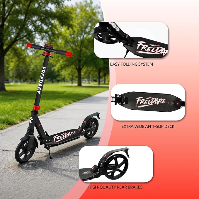 FREEDARE Kick Scooter for Kids & Adults Ages 8+, Foldable Teen Scooter with 2 Big 8-inch Wheels and 4-Level Adjustable Handlebar, Max Load 220 LBS