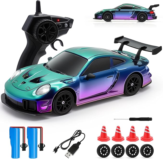 RC Drift Car, 1:24 4WD Remote Control Cars Vehicle with LED Light,2.4GHz 20KM/H High Speed RC Cars with Two Batteries & Drifting Tires Racing Sport Toy for Adults Boys Girls Kids Colorful