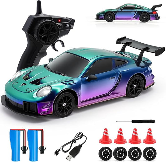 RC Drift Car, 1:24 4WD Remote Control Cars Vehicle with LED Light,2.4GHz 20KM/H High Speed RC Cars with Two Batteries & Drifting Tires Racing Sport Toy for Adults Boys Girls Kids Colorful