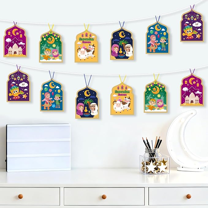 PAIVSUN 24Pcs Ramadan Crafts for Kids, Make You Own Eid Mubarak and Ramadan Kareem Craft Kit, DIY Mosque Scene Religious Sticker Activities Hanging Ornaments for Classroom Party Favor Supplies
