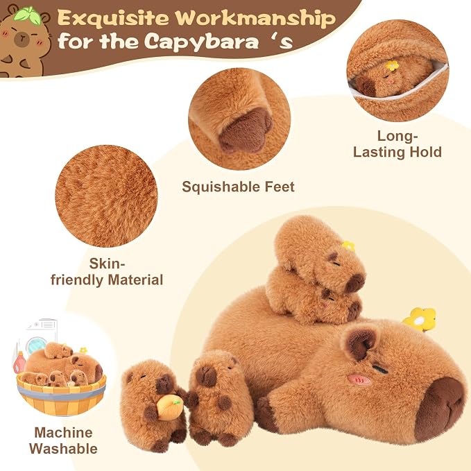 SuzziPals Flower Capybara Stuffed Animal with Babies Inside, 5PCS Capybara Plush Set with Mommy & 4 Baby Capybaras, Soft Plush for Bedroom Decor, Birthday Easter Gift for Kids & Capibara Lovers