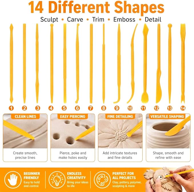 Ferrochef 10 Set 140 Pcs Clay Sculpting Tools Different Shapes Pottery Tools Clay Carving Cutters Pottery Trimming Supplies for DIY Ceramics Plastilina Molding Embossin (Plastic,Solide Style)