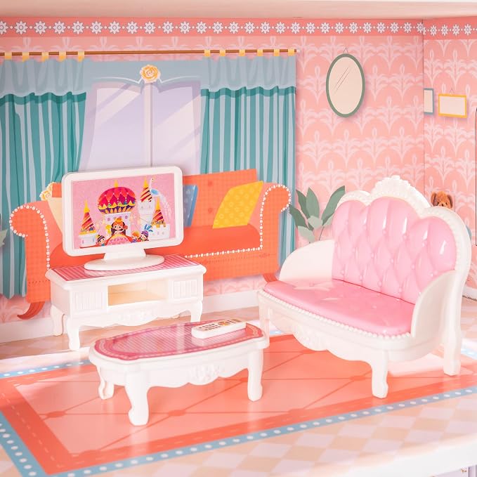ROBOTIME Doll House Wooden Dollhouse for Kids 3 4 5 6 Years Old, Doll House w/28PCS Furniture Plastic, for 3.3”Dolls, Birthday Presents for Toddler 3+