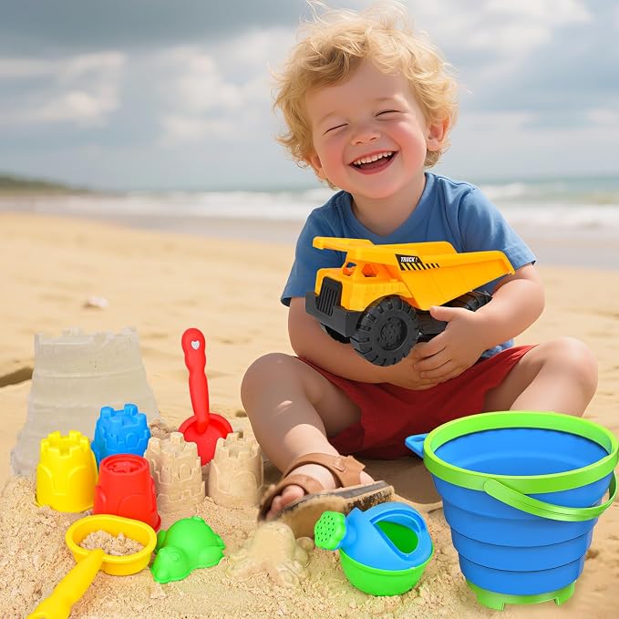 Beach Toys, 14Pcs Sand Toys with Construction Vehicle and Collapsible Beach Bucket, Animal Sand Mold Sets, Watering Can,Shovel Set with Mesh Bag,Summer Outdoor Play Travel Sandbox Gift for Boys Girls
