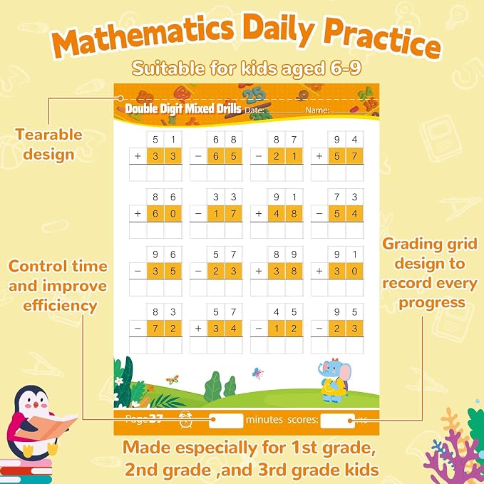 Addition and Subtraction Workbook Double Digit Math Problem Workbook for 1st Grade 2nd Grade 3rd Graders, Addition&Subtraction Worksheets for Ages 5-9, Math Repetition Exercise Daily, 56 Pages