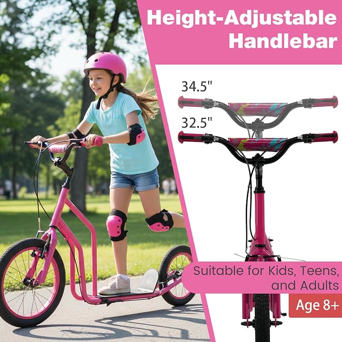 Costzon Big Wheels Kick Scooter for Kids 8+, Youth Scooter with Foldable & Height Adjustable Handlebar, Inflatable Shock Absorption Wheels, Dual Brakes for Teens, Adults, Max Load 220 LBS