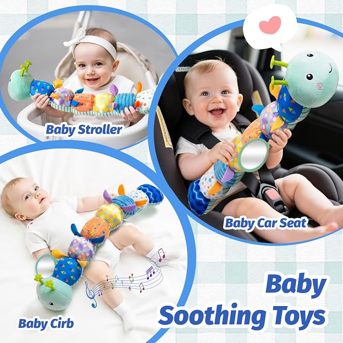 Baby Toys 0-6 Month, Musical Caterpillar Rattle, Infants Sensory Toy with Mirror Crinkle Textures, Newborn Developmental Tummy Time Stuffed Plush Animal toys for Babies Boys Girls 3-6-12 Months (Blue)