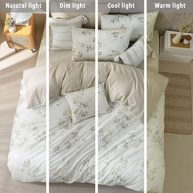 LEMIROE Floral Cotton Comforter Queen Size - Cream Comforter with Luxurious Grey Branches & Subtle Beige Blossoms,Reversible Lightweight Bedding Sets 3Pcs(90"×90")
