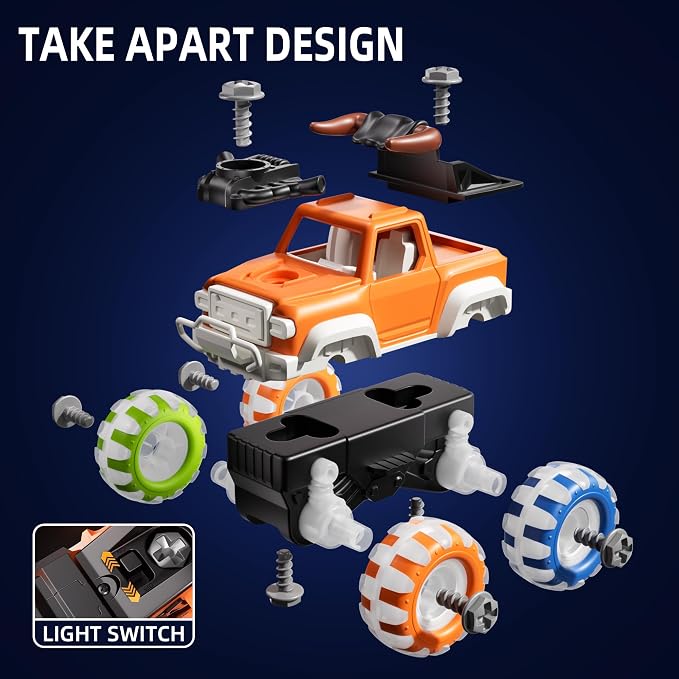 3 Pack Monster Truck Toys with Light Up Wheels, Take Apart Car Toys for Toddlers Kids Boys Age 3 4 5 6 7 8 Years Old