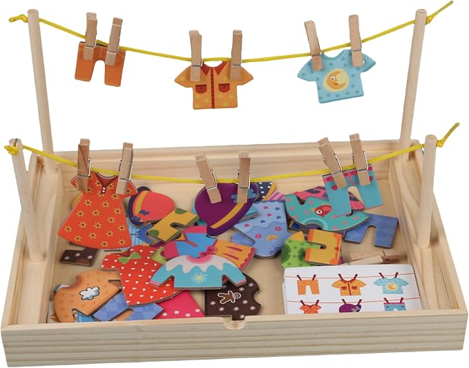 Montessori Practical Life Clothes Hanging Job, Laundry Activity Set with Rope Strings, Clothespins & Dress-Up Air Drying Game Airing Clothes for Toddlers Kids Ages 2-6, Classroom Educational Toy Gift