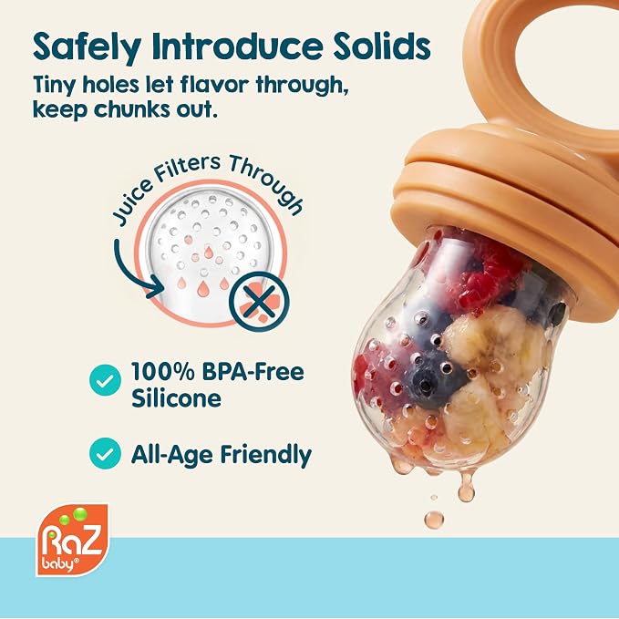RaZbaby Baby Solids & Frozen Fruit Feeder Pacifier, Infant Teether Toy 6M+, BPA-Free Silicone Pouch & Nipple, Safely Introduce Solids, Natural Teething Relief, Dishwasher Safe, Freezable – Deer