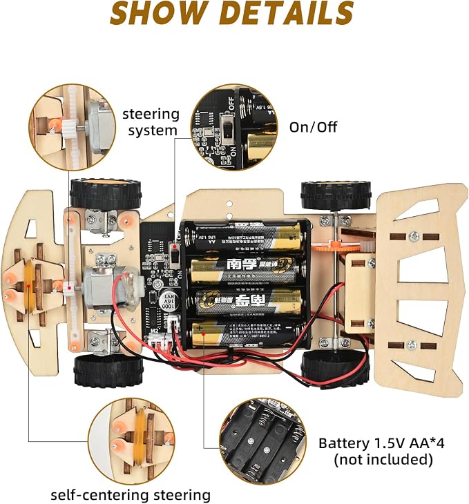 Self-Centering Steering Remote Control Car，STEM Projects for Kids Ages 8-12，Engineering kit, DIY rc car kit, STEM Kits for Kids Ages 8-12