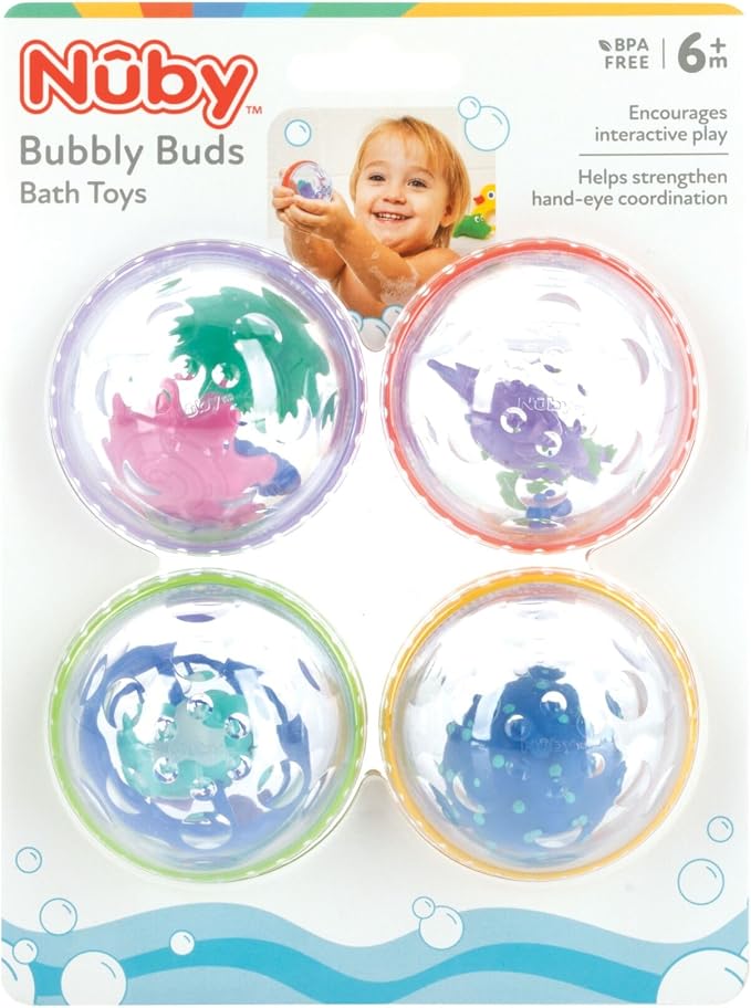 Nuby Bubbly Buds Interactive Bath Set - (4-Pack) Baby Bath Toys - 6+ Months