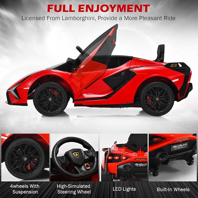 INFANS 12V Licensed Lamborghini Sian Kids Ride On Car with Parent Remote Control, Spring Suspension, MP3 Player, Electric Toy Roadster Carbon Fiber Textured for Toddler (Red)