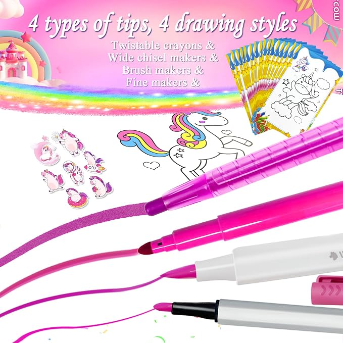 weirtoya 56 PCS Washable Scented Markers with Glitter Pencil Case, Mermaid Unicorn Arts and Crafts for kids 4-6-8 Kids Coloring Drawing Kits for 4-8 Years Old Girls (Rainbow, 70)